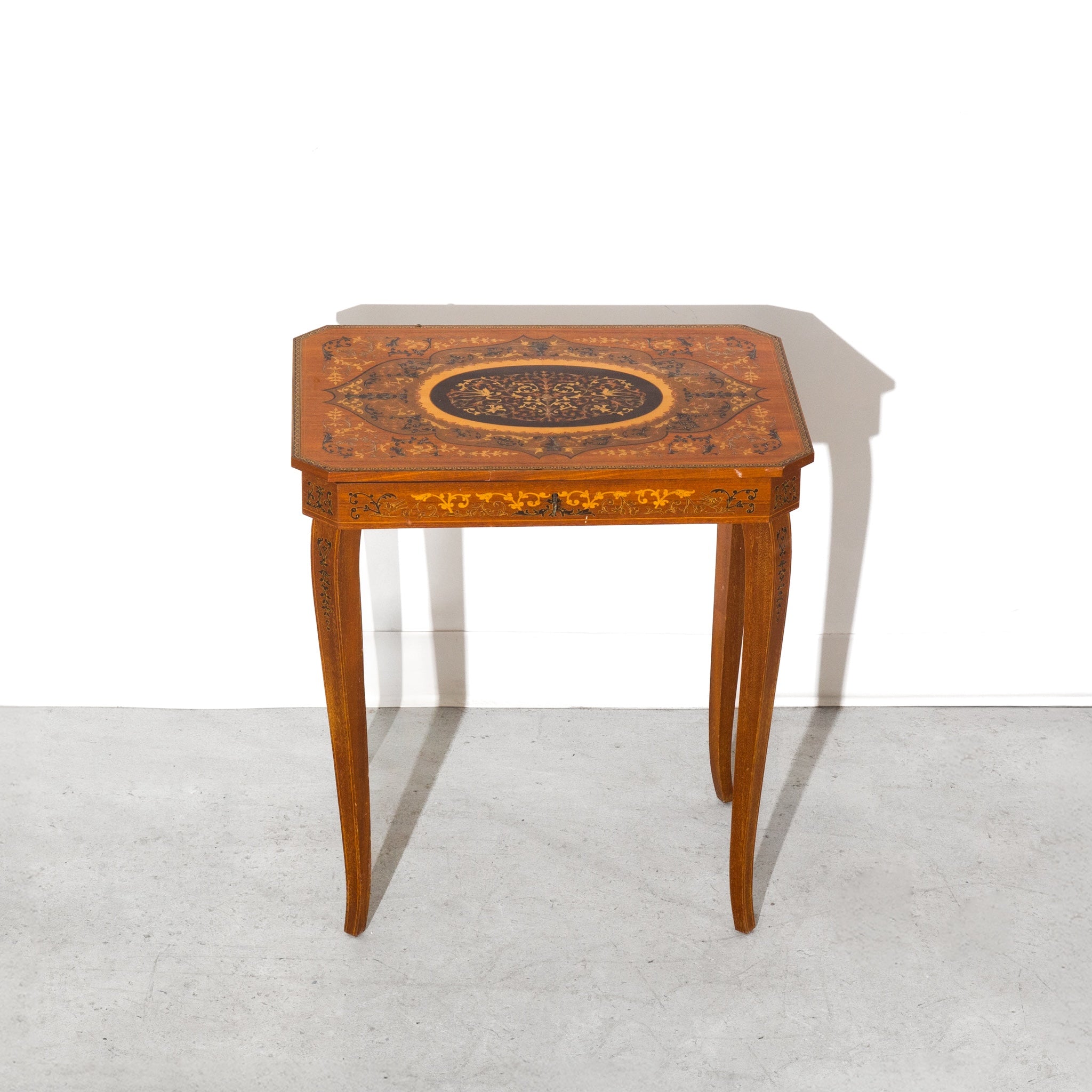 Vintage Antique VTG Italian Marquetry Wooden Musical Box Flip Top Side Table