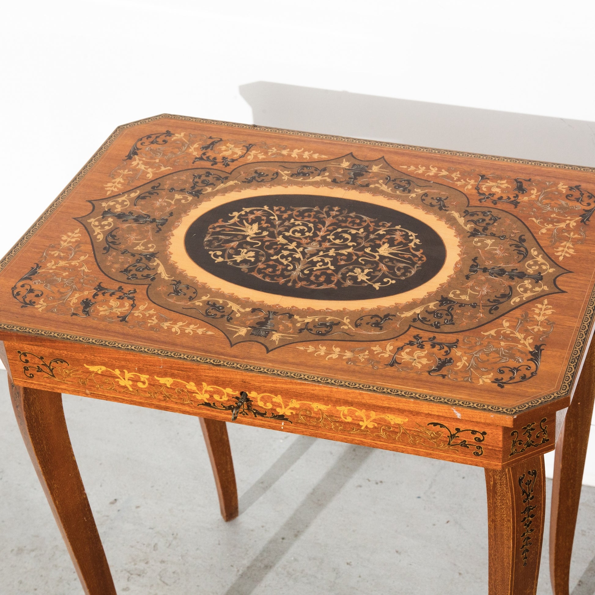 Vintage Antique VTG Italian Marquetry Wooden Musical Box Flip Top Side Table