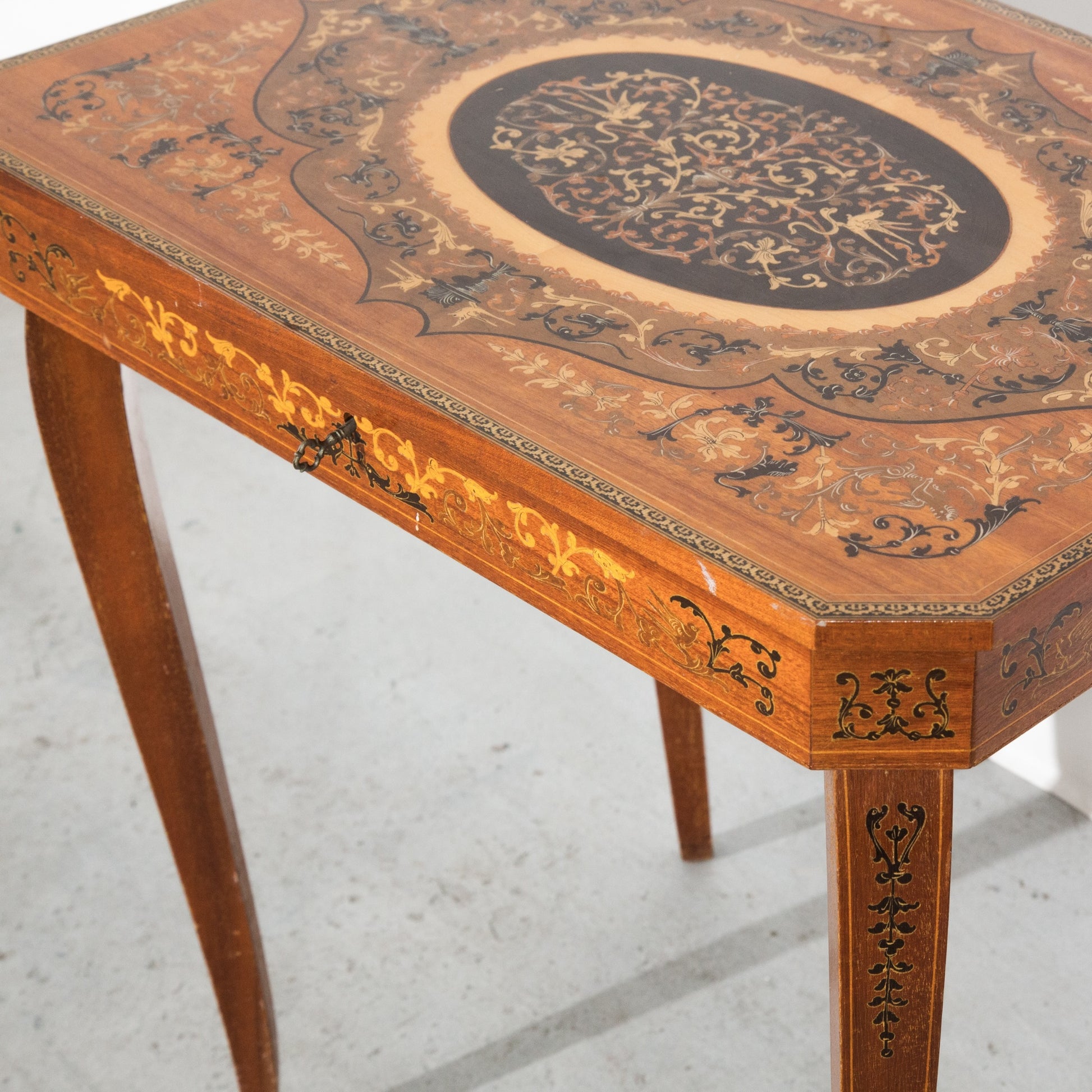 Vintage Antique VTG Italian Marquetry Wooden Musical Box Flip Top Side Table