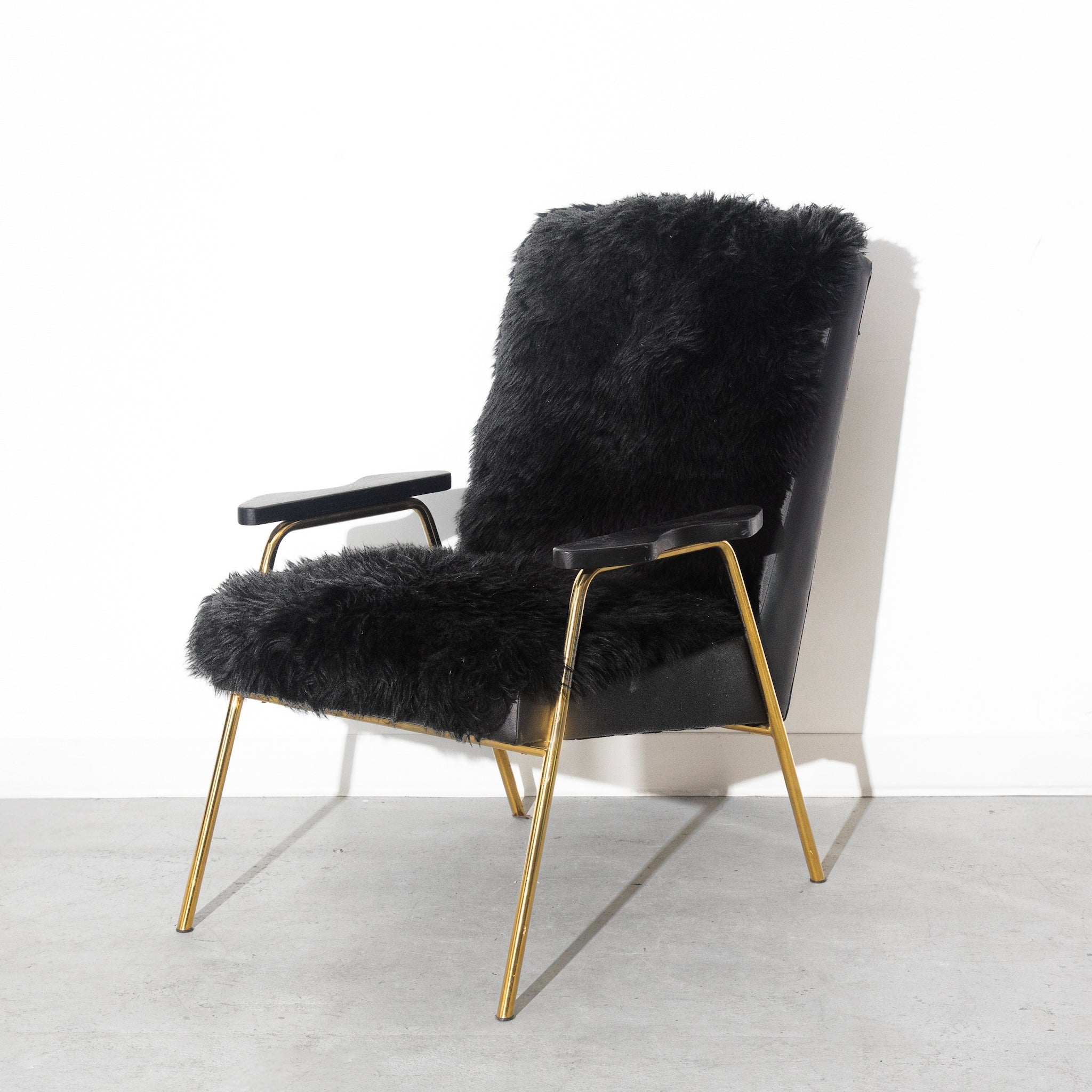 Vintage Black Sheepskin Fur and Leather Gold Armchair Lounge Chair