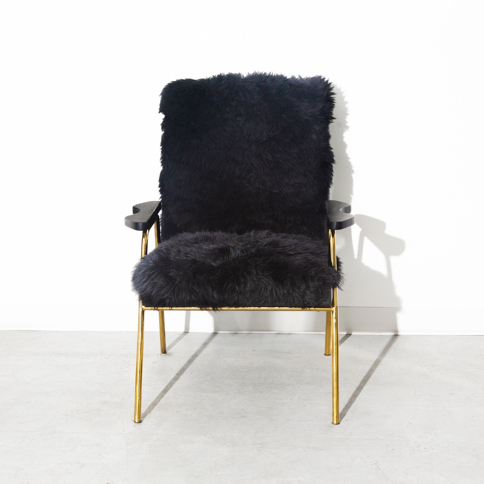Vintage Black Sheepskin Fur and Leather Gold Armchair Lounge Chair