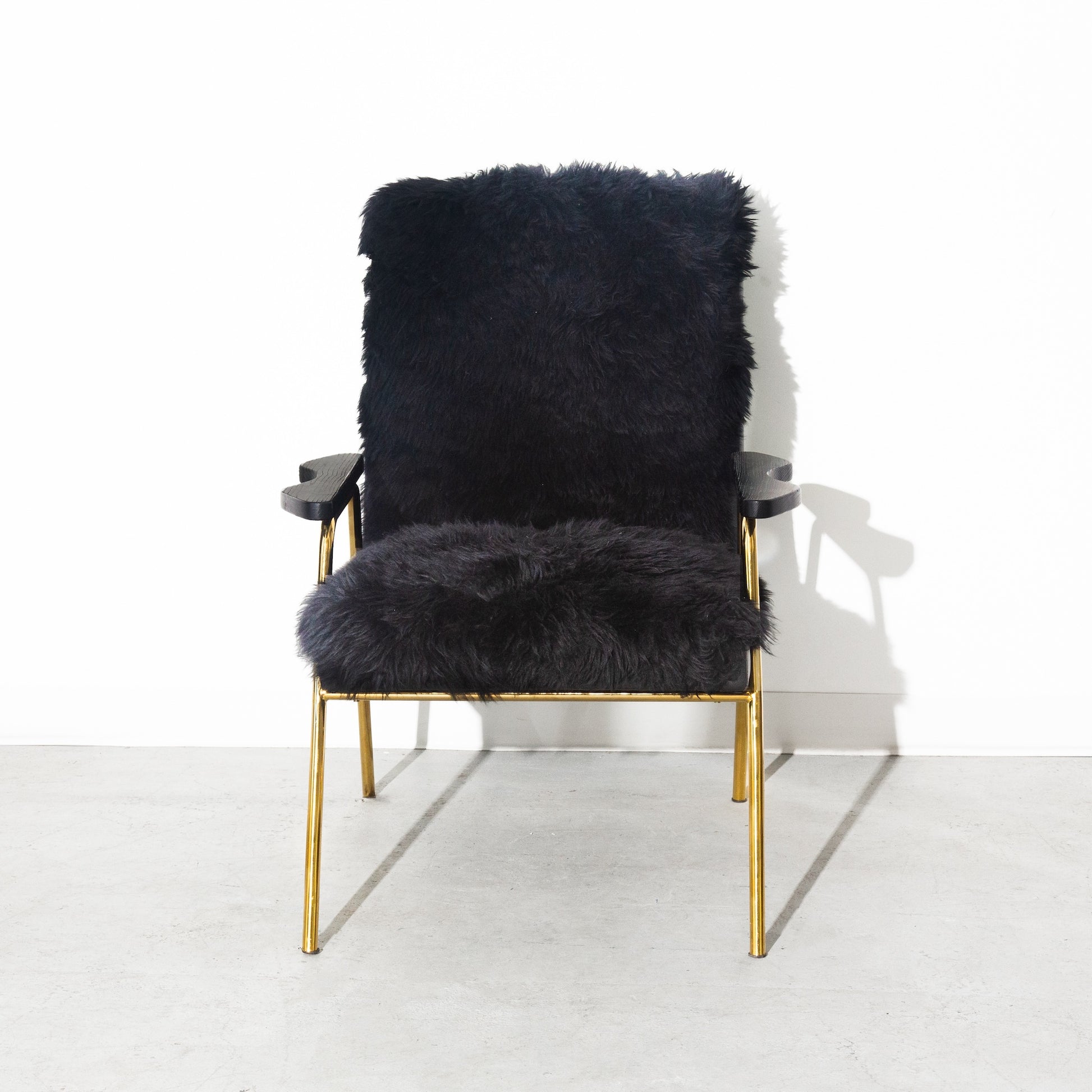 Vintage Black Sheepskin Fur and Leather Gold Armchair Lounge Chair
