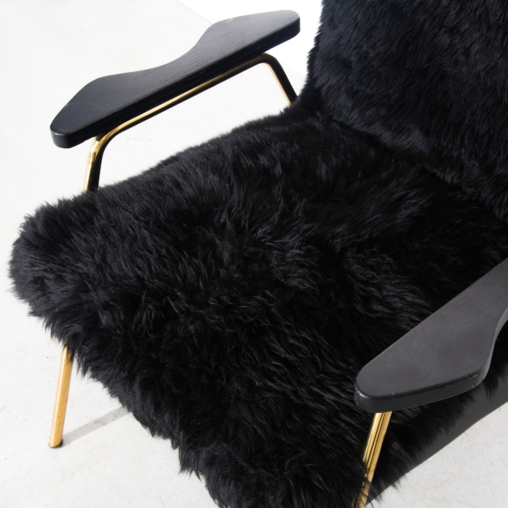 Vintage Black Sheepskin Fur and Leather Gold Armchair Lounge Chair