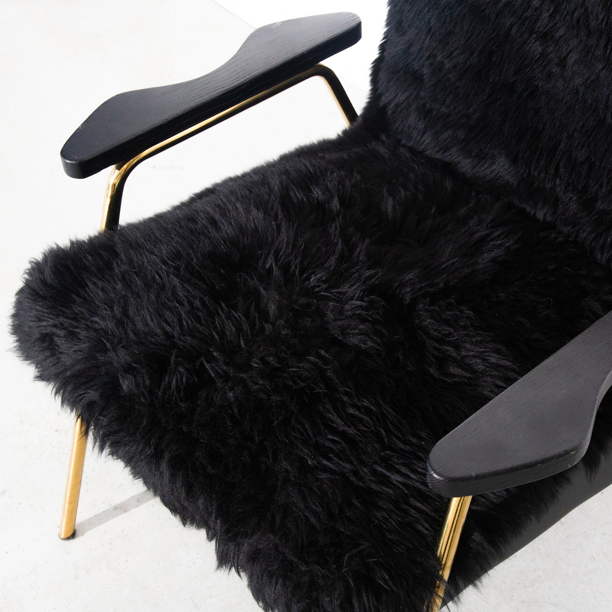 Vintage Black Sheepskin Fur and Leather Gold Armchair Lounge Chair