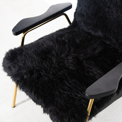 Vintage Black Sheepskin Fur and Leather Gold Armchair Lounge Chair