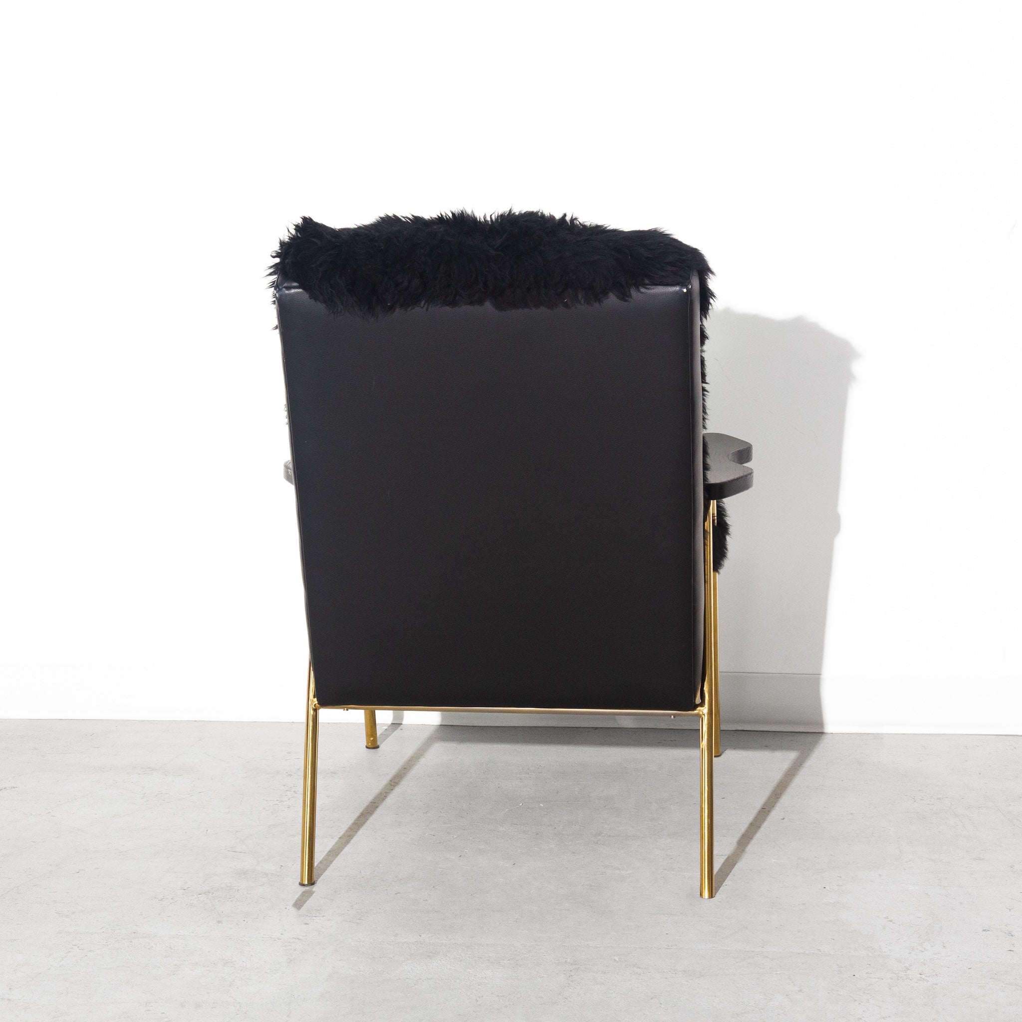 Vintage Black Sheepskin Fur and Leather Gold Armchair Lounge Chair