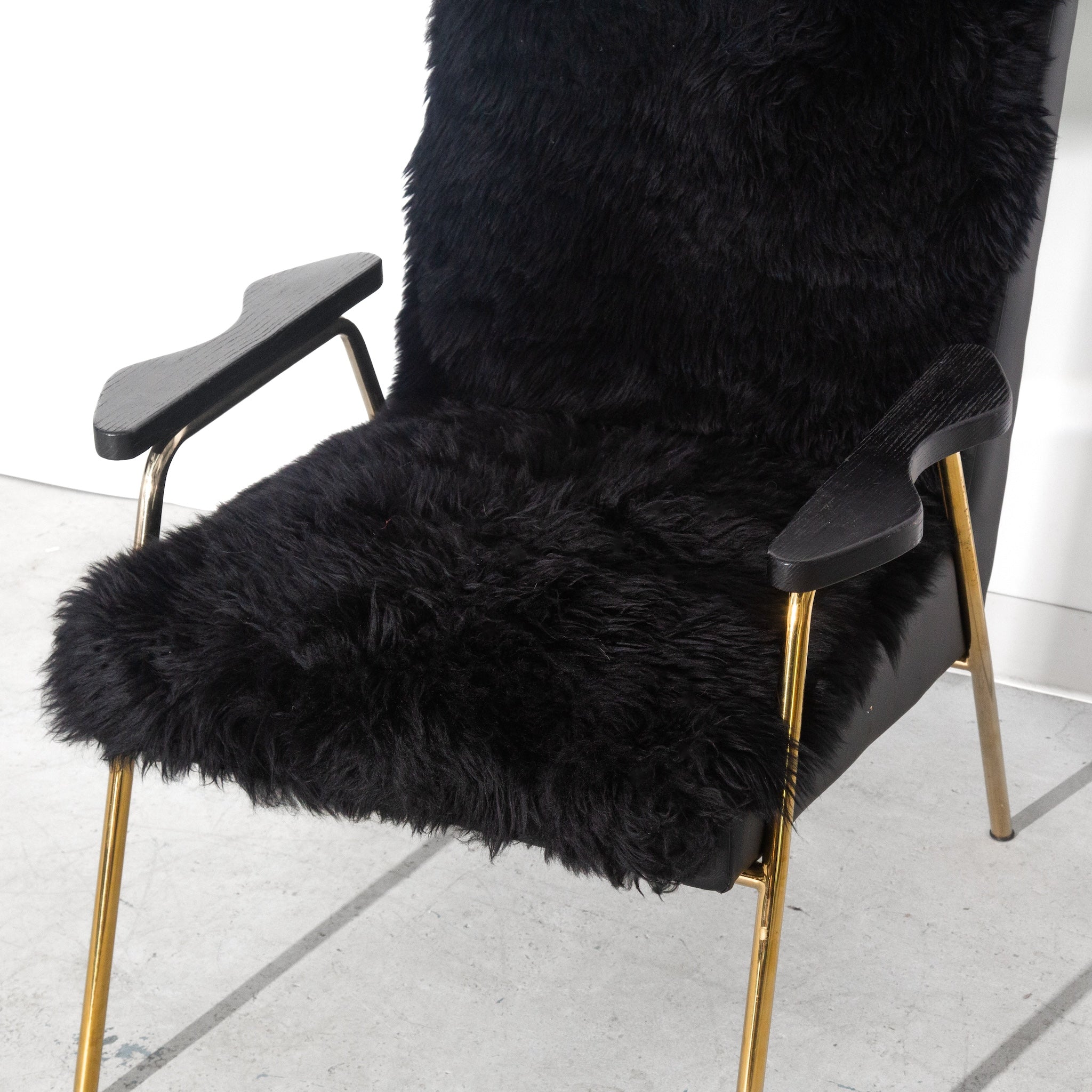 Vintage Black Sheepskin Fur and Leather Gold Armchair Lounge Chair