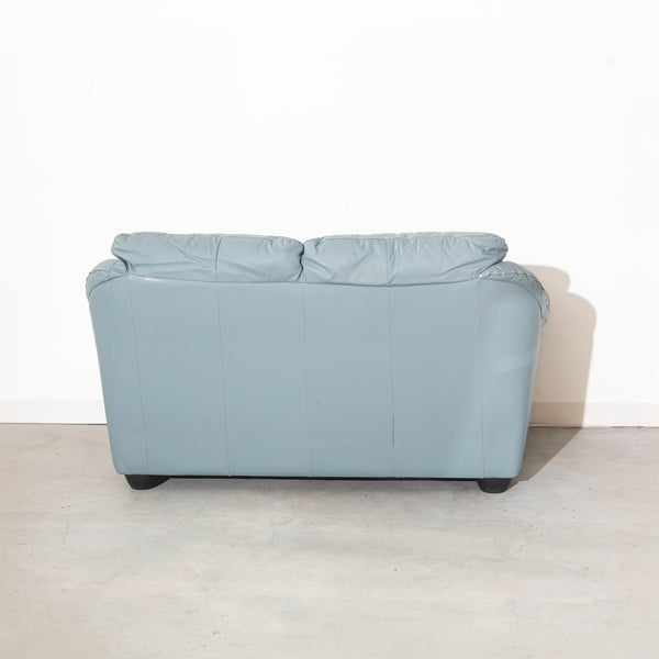 Vintage Blue Leather Loveseat Sofa Couch
