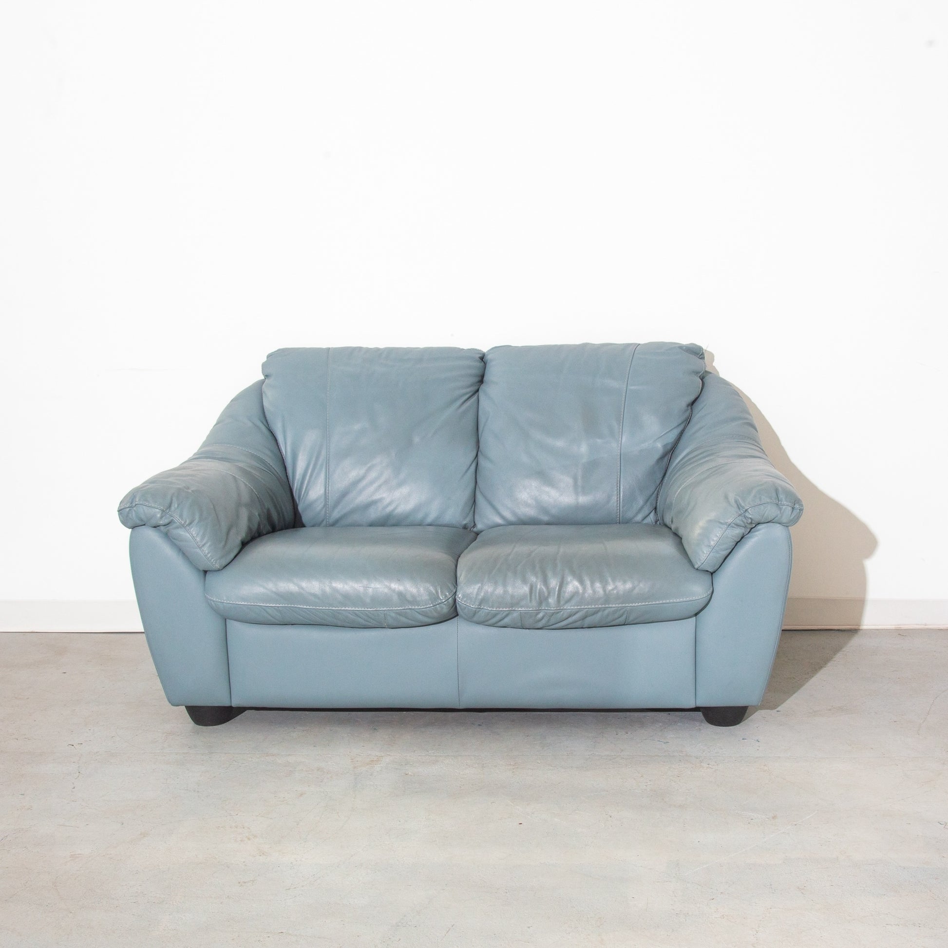Vintage Blue Leather Loveseat Sofa Couch