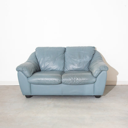 Vintage Blue Leather Loveseat Sofa Couch
