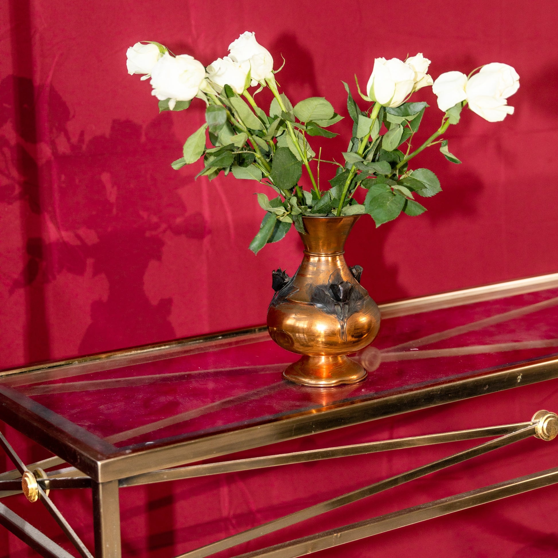Vintage Brass Copper Vase with Handmade Roses