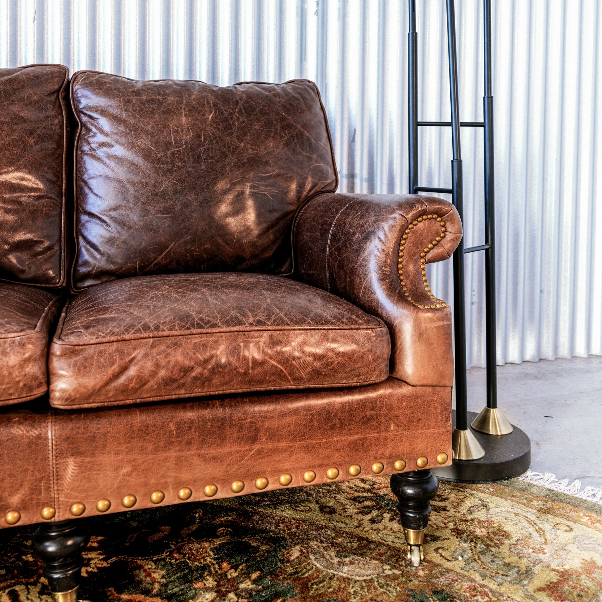 Vintage Brown Distinction Leather Studded 3-Seat Sofa Couch