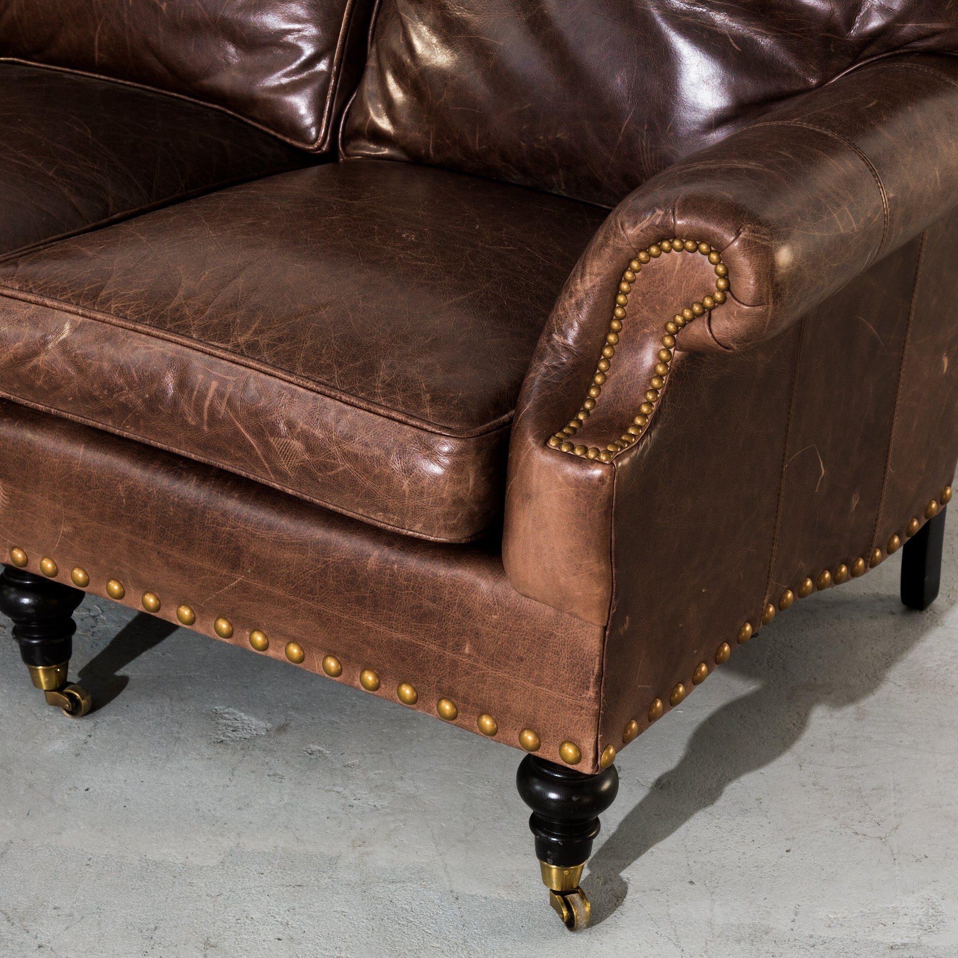 Vintage Brown Distinction Leather Studded 3-Seat Sofa Couch