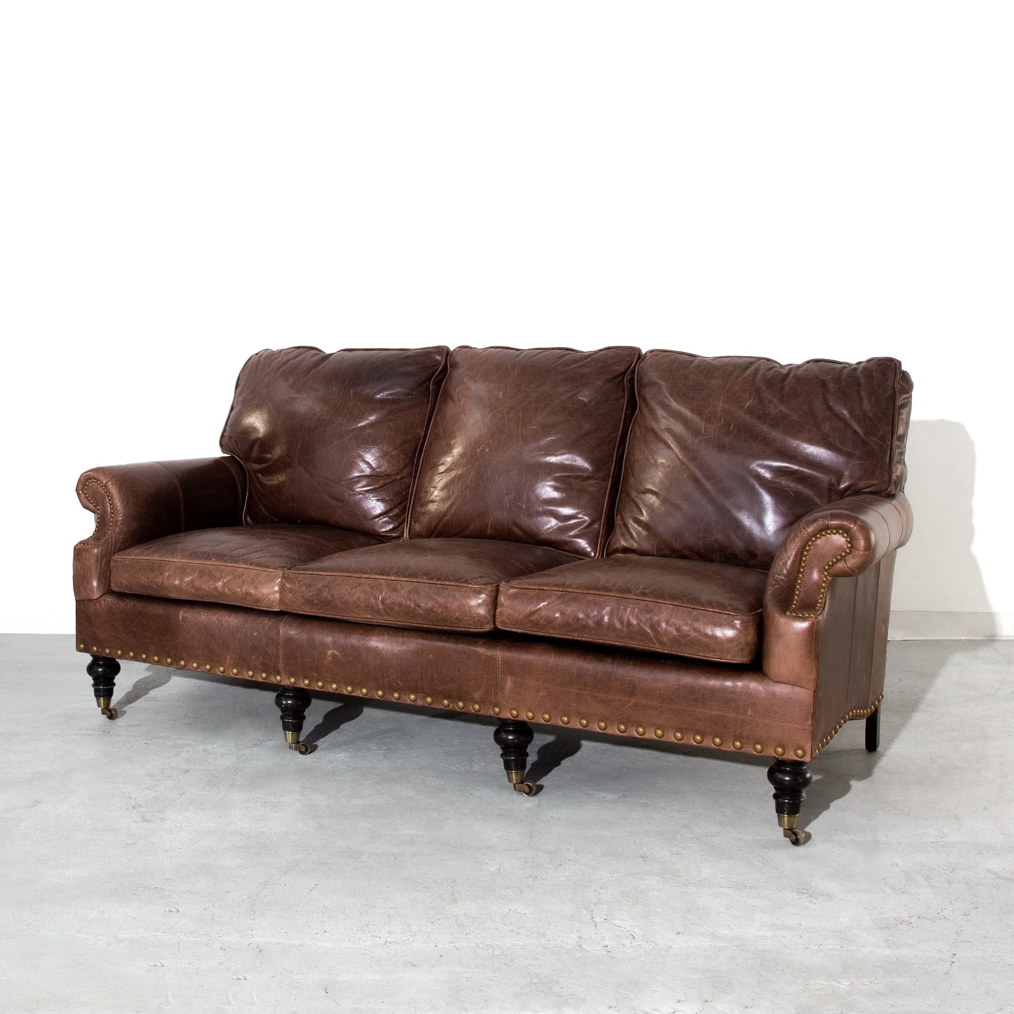 Vintage Brown Distinction Leather Studded 3-Seat Sofa Couch