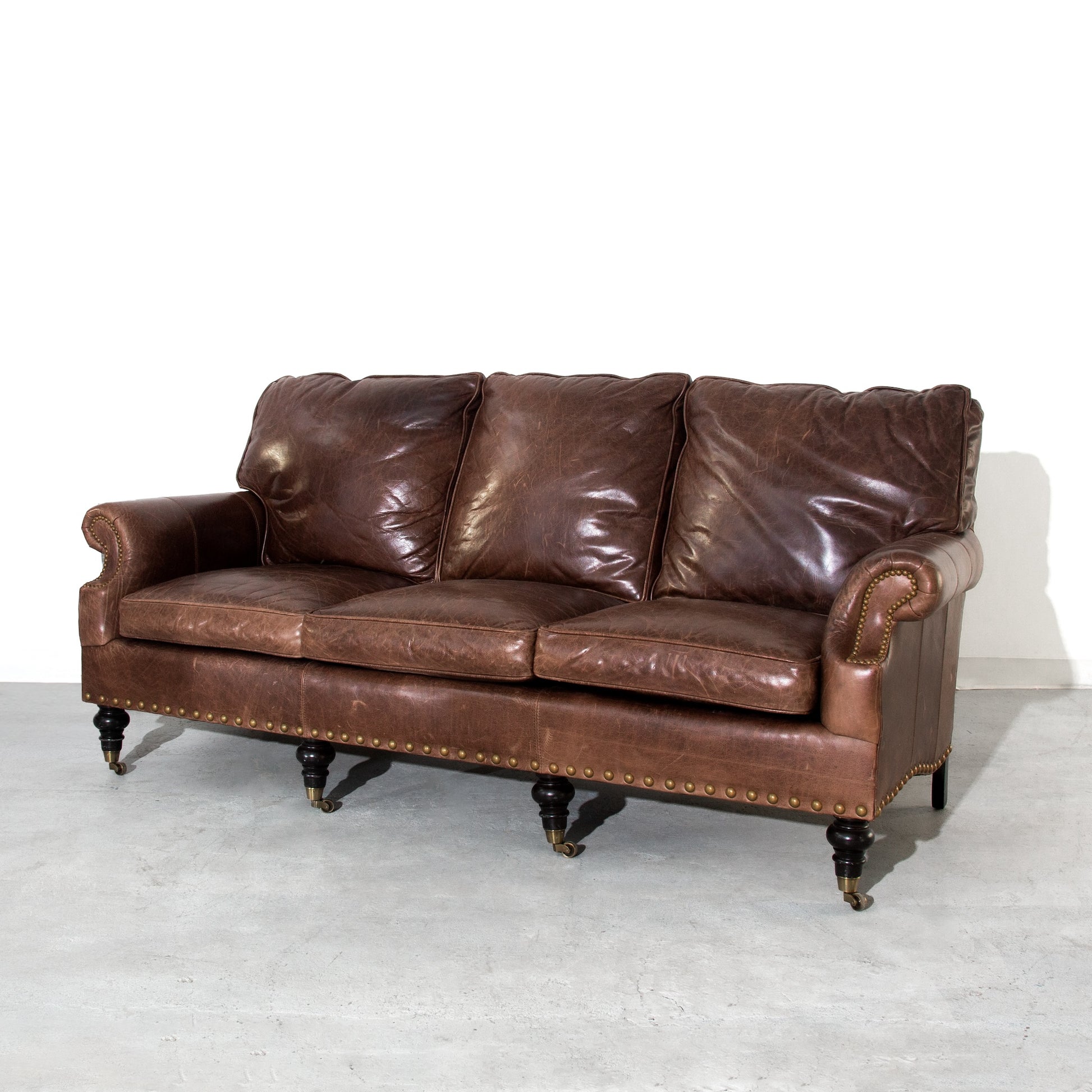 Vintage Brown Distinction Leather Studded 3-Seat Sofa Couch