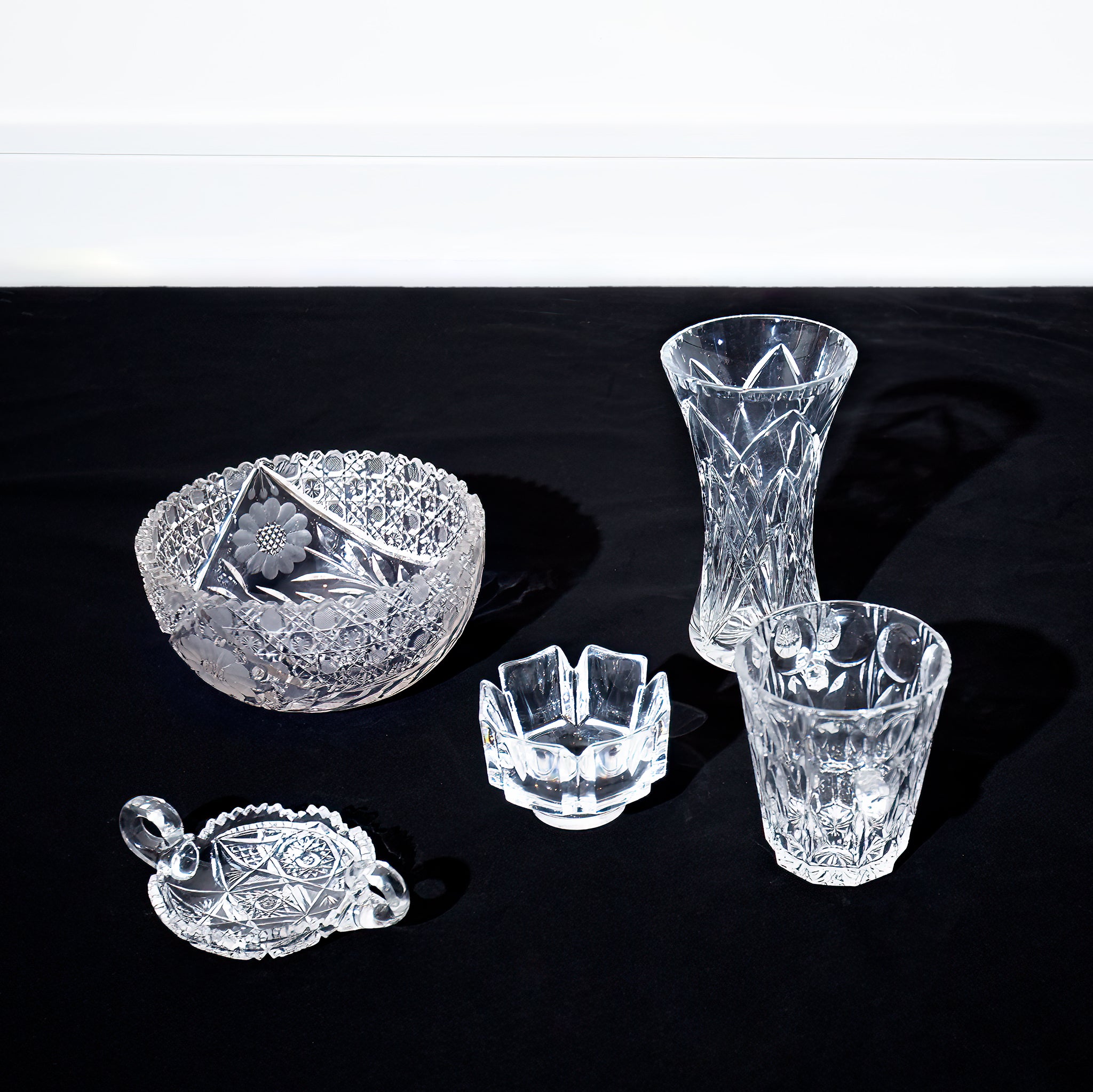  Vintage Crystal Set Vase, Medium Vase with Handles, Large Bowl, Ashtray, and Small Serving Plate 
