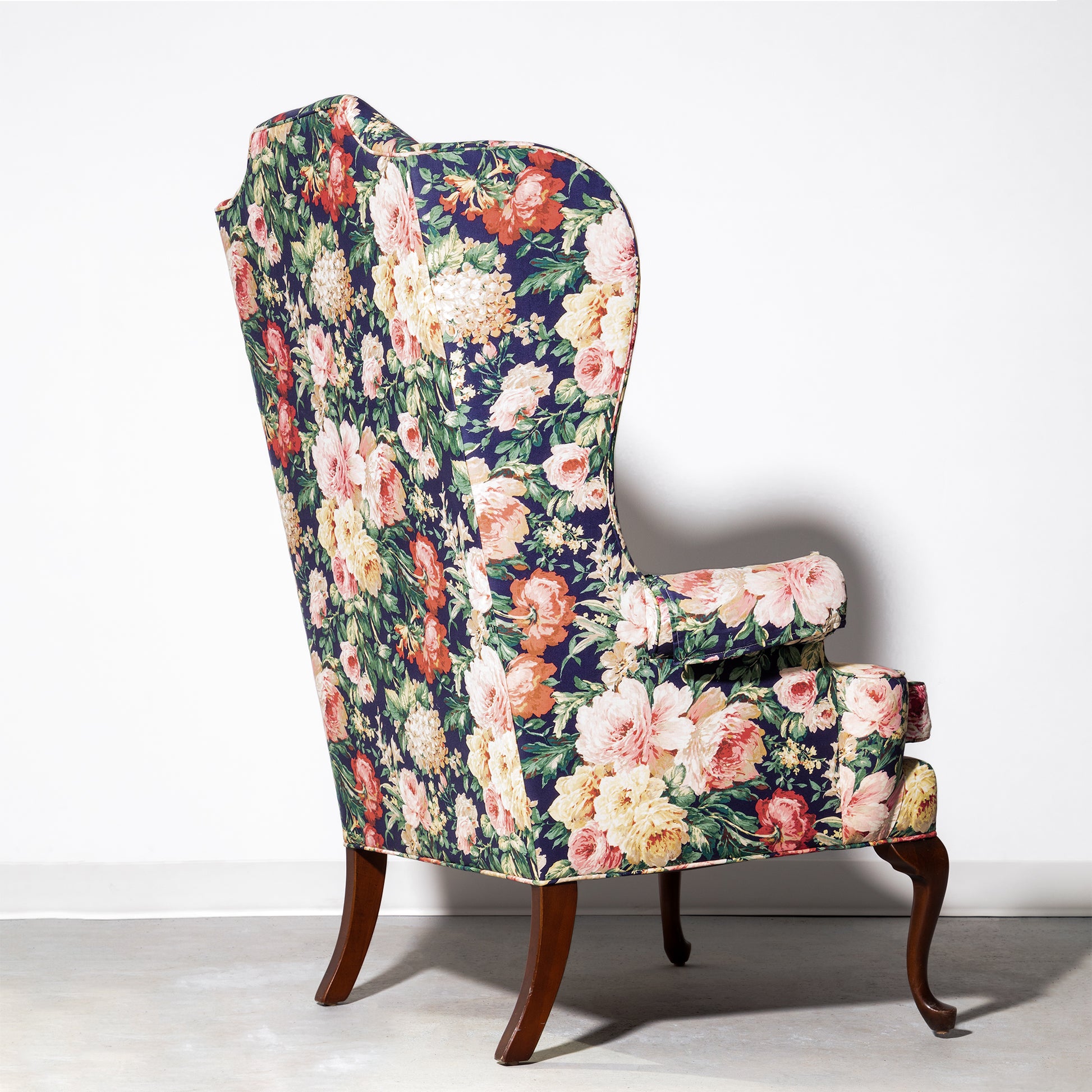 Vintage Ethan Allen Classic Navy Blue Floral Wing Chair