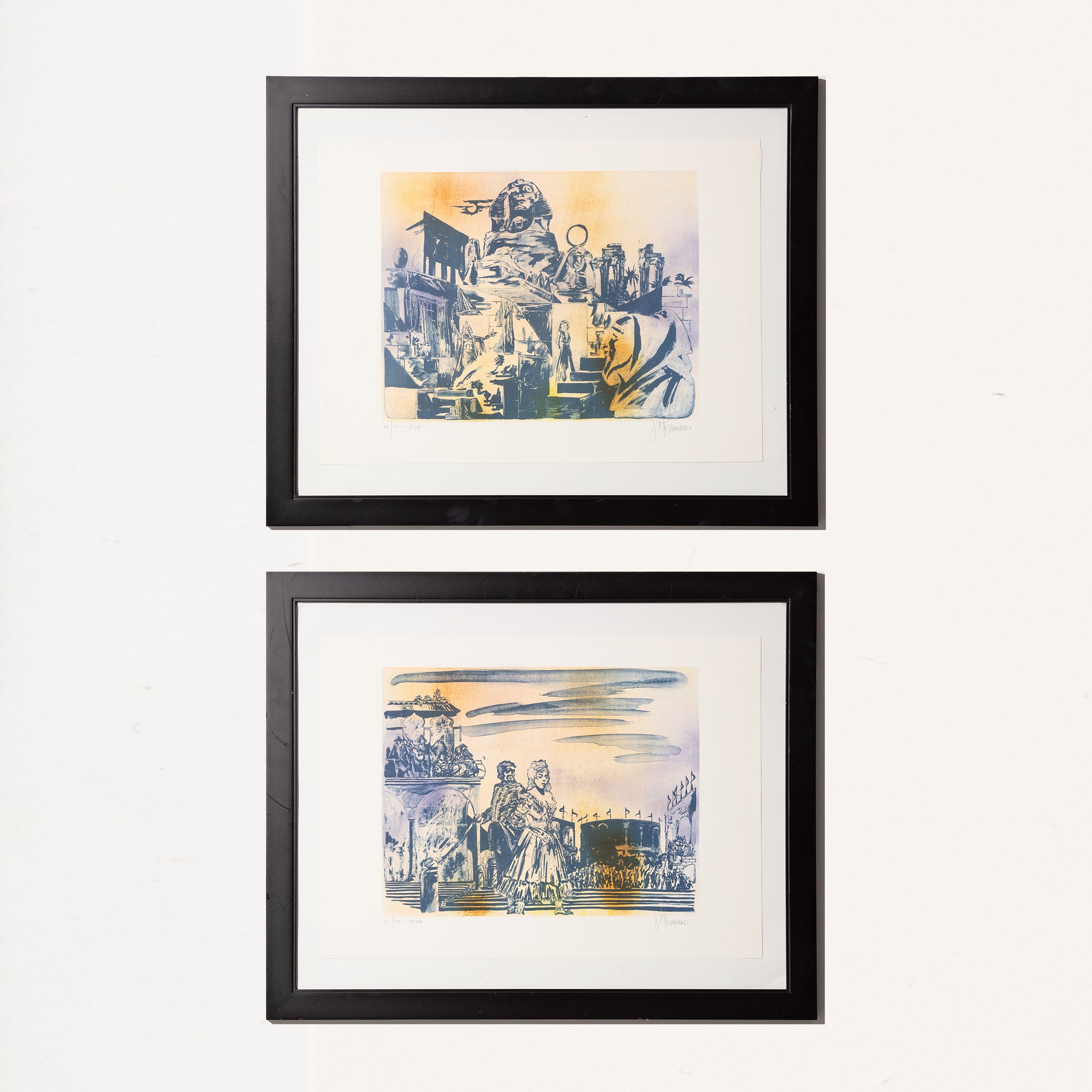 Framed blue and yellow linocut, titled after the opera "Carmen". Hand signed and numbered.