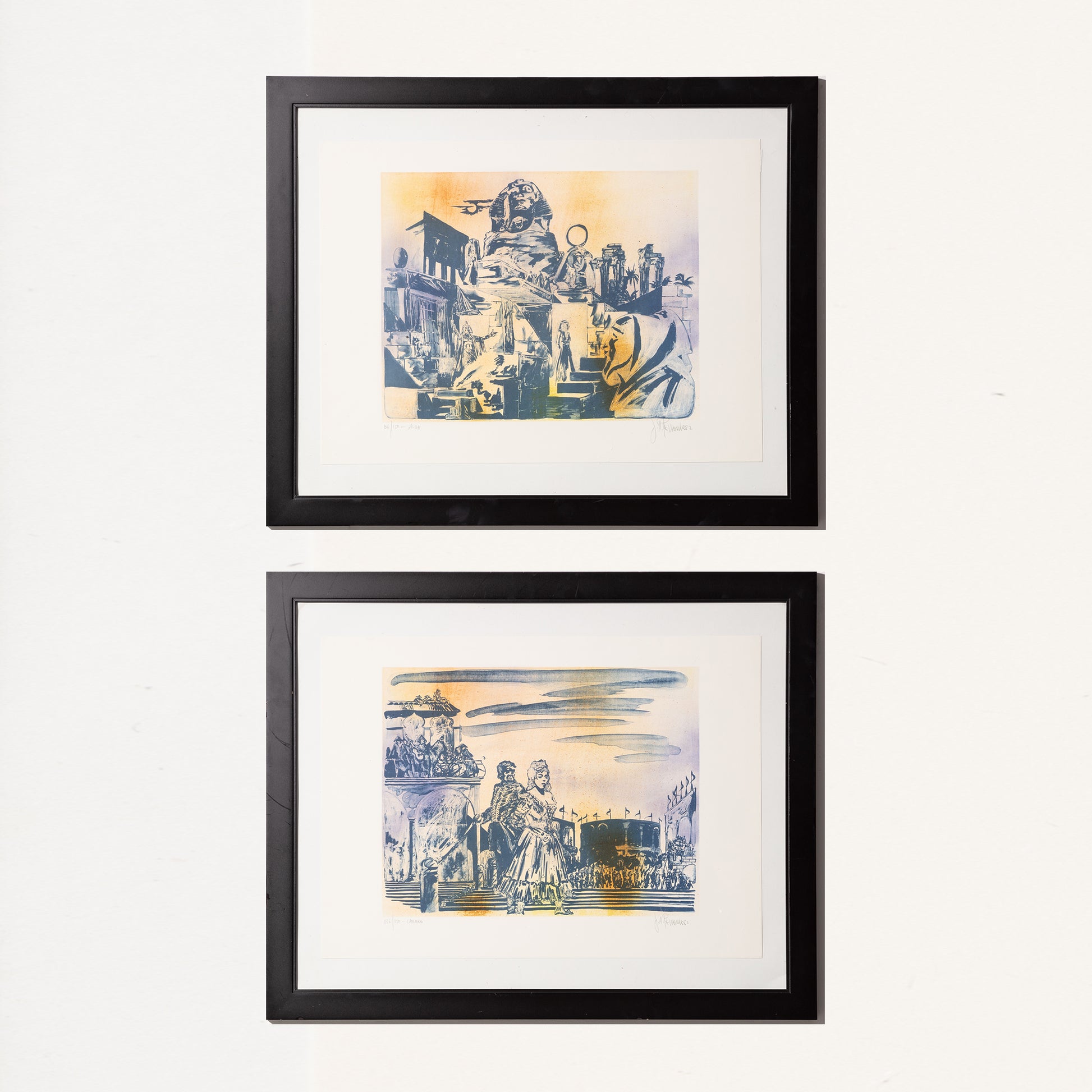 Framed blue and yellow linocut, titled after the opera "Carmen". Hand signed and numbered.