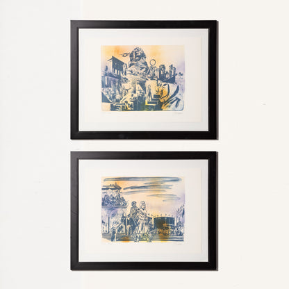 Framed blue and yellow linocut, titled after the opera "Carmen". Hand signed and numbered.