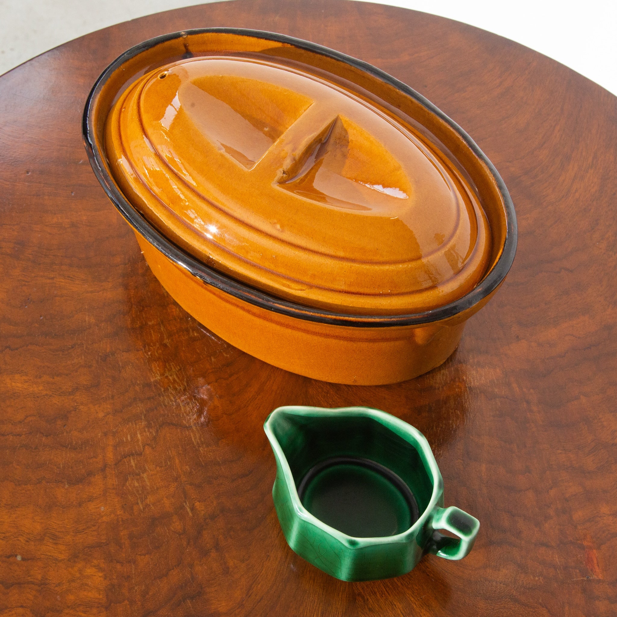Vintage Handmade Orange Stone Ceramic Pot and Green Creamer Gravy Boat