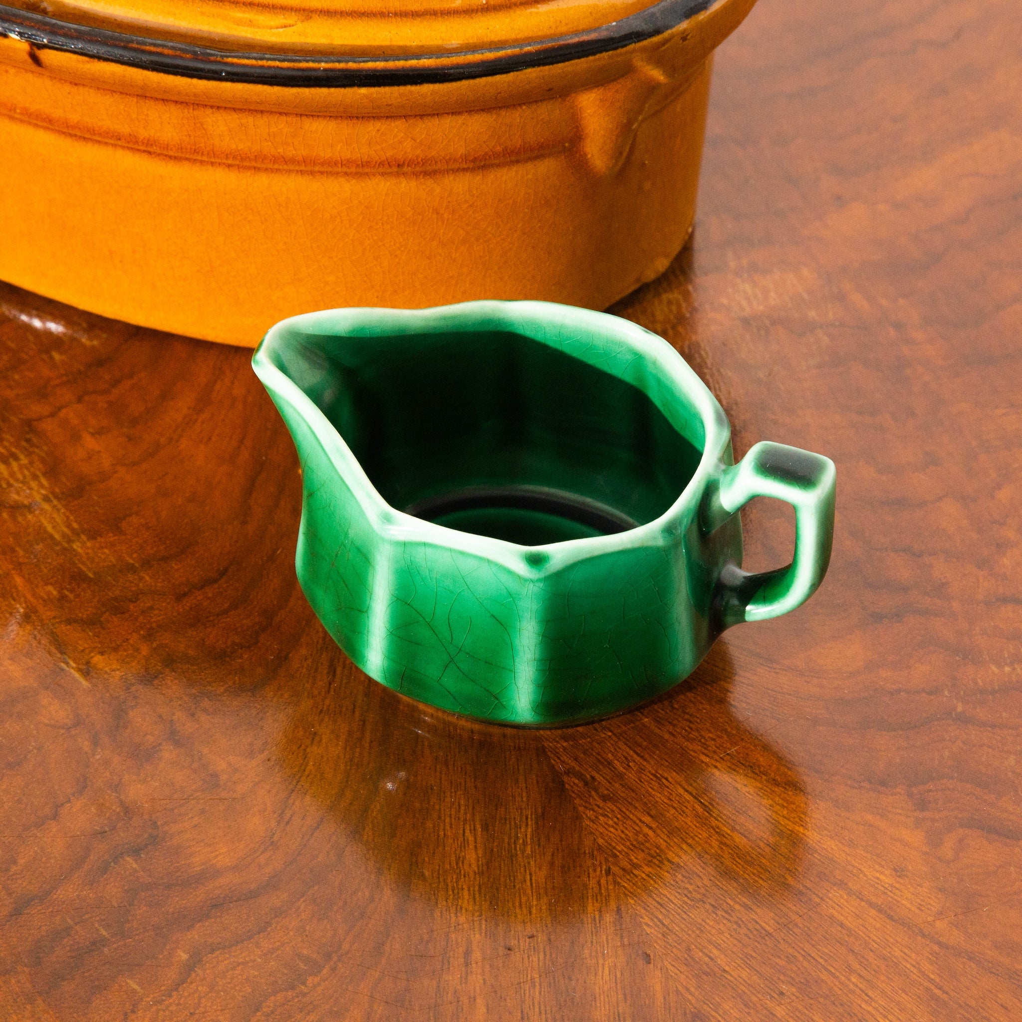 Vintage Handmade Orange Stone Ceramic Pot and Green Creamer Gravy Boat