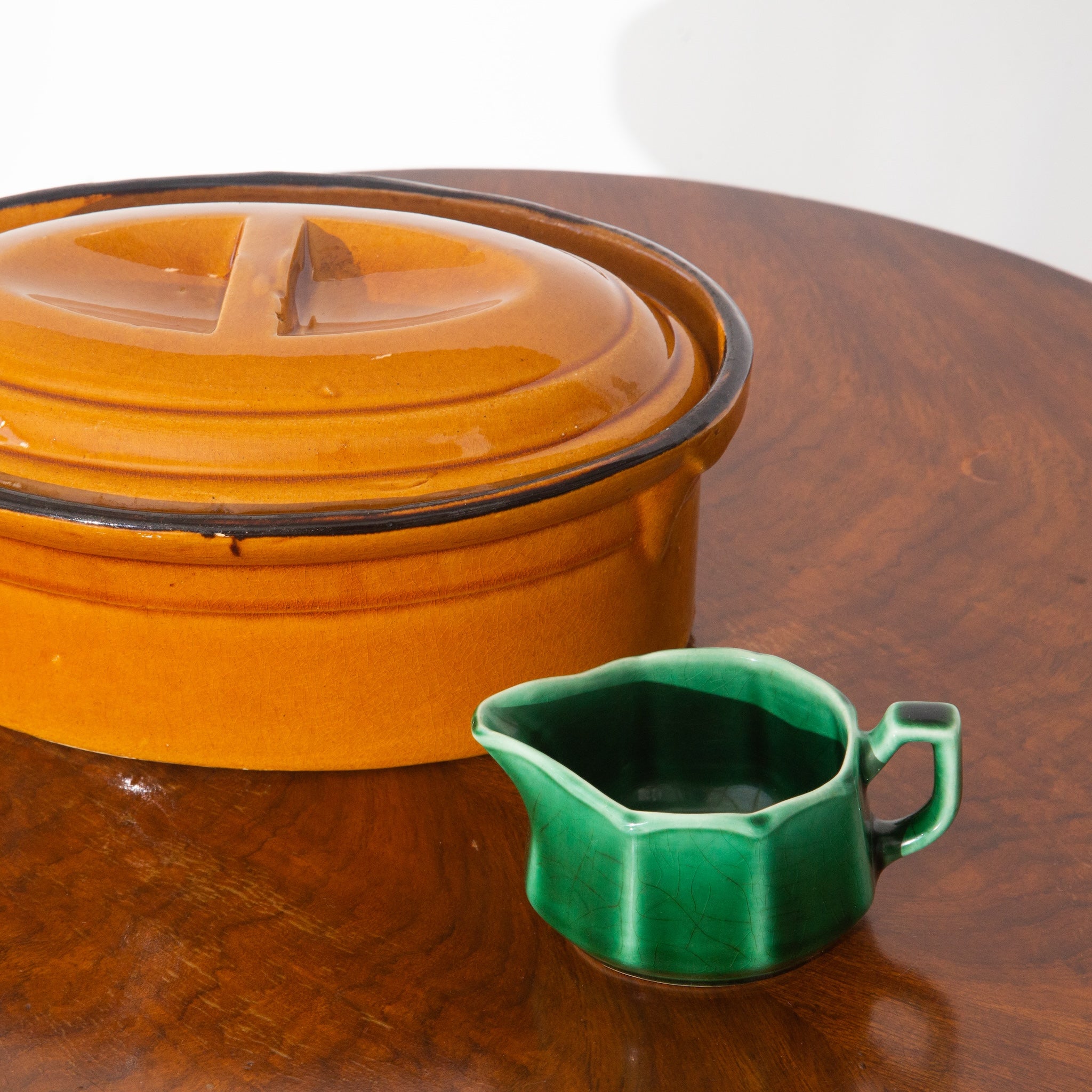 Vintage Handmade Orange Stone Ceramic Pot and Green Creamer Gravy Boat