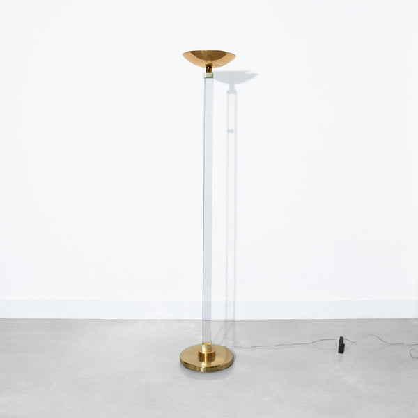 Vintage Italian Lucite and Brass Gold Torchiere Floor Lamp