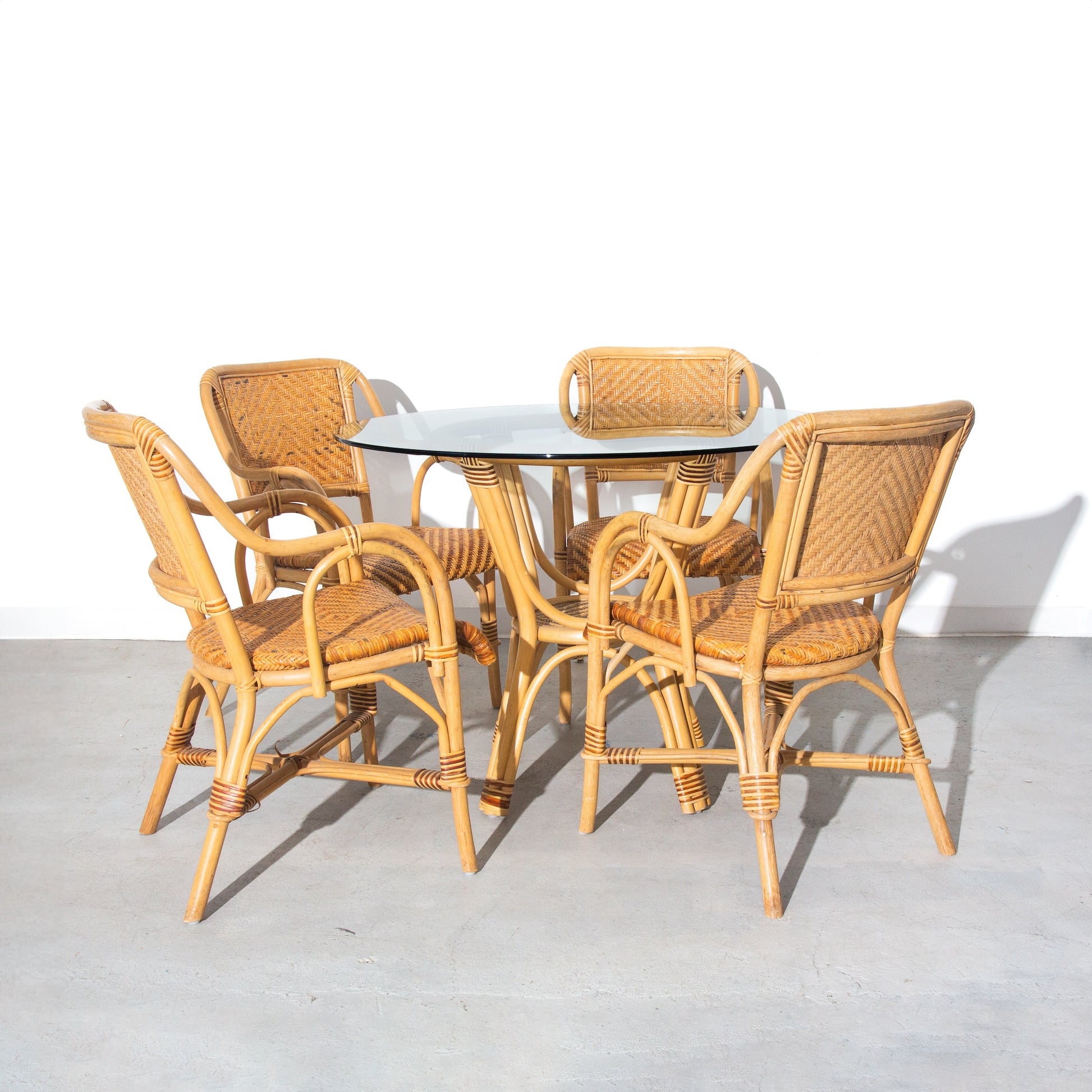 Vintage Rattan and Wicker Glass Dining Chairs and Table Set