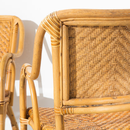 Vintage Rattan and Wicker Glass Dining Chairs and Table Set