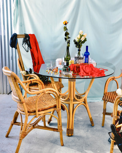 Vintage Rattan and Wicker Glass Dining Chairs and Table Set