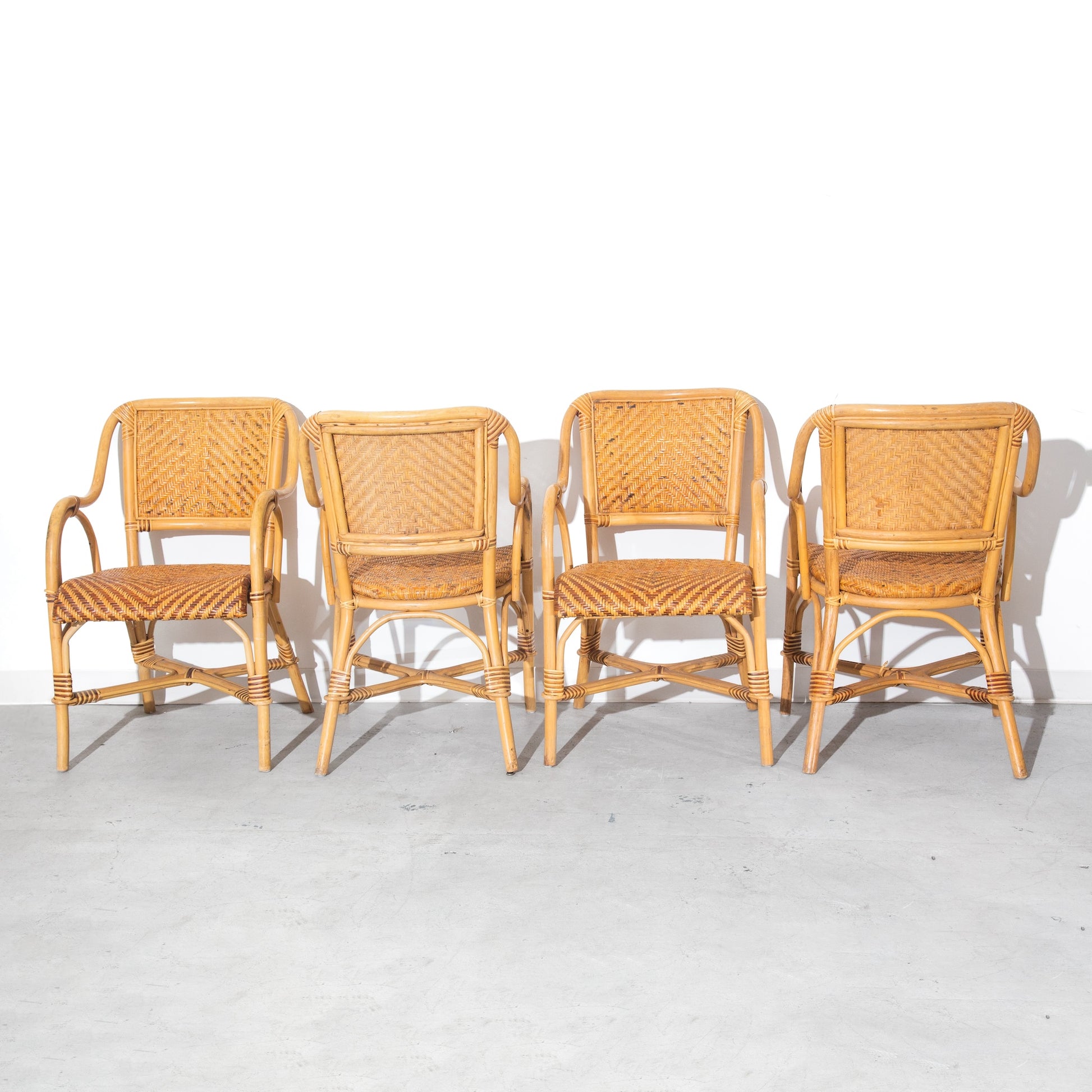 Vintage Rattan and Wicker Glass Dining Chairs and Table Set