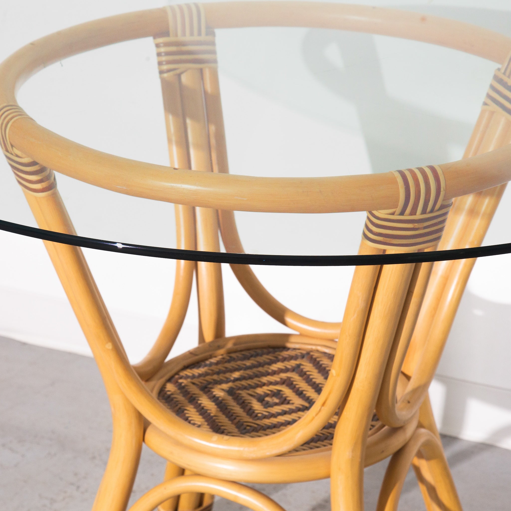 Vintage Rattan and Wicker Glass Dining Chairs and Table Set