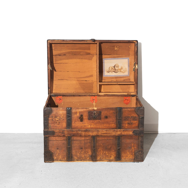 Vinttage Antique Domed Wooden Steamer Trunk Storage Cabinet