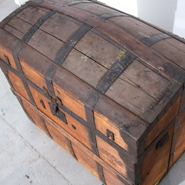 Vinttage Antique Domed Wooden Steamer Trunk Storage Cabinet